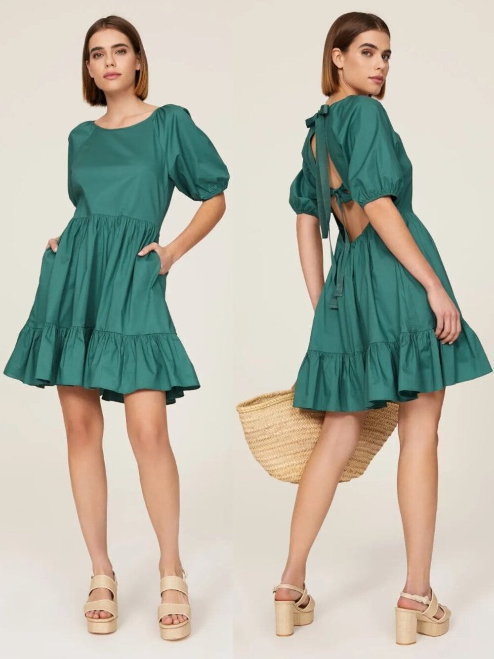Peter Som Cotton Open Back Teal Green Puff Sleeve Tiered Mini Dress